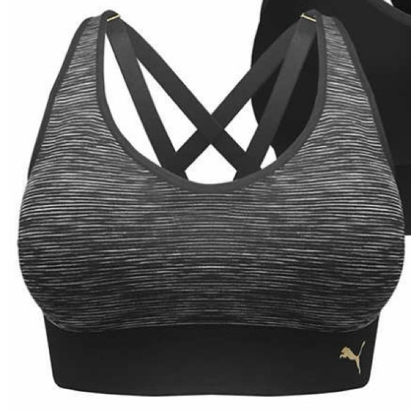 Puma Women’s Sz XL Striated Black Strappy‎ Med Support Athletic Bra - Picture 1 of 15
